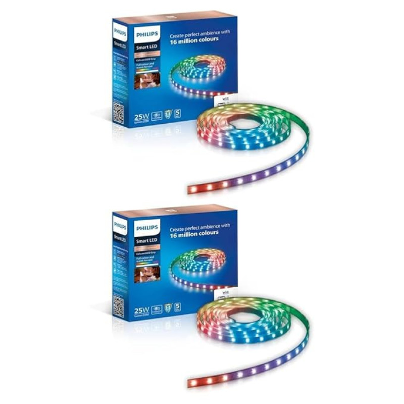 PHILIPS 5 meter Wi-Fi Smart LED Strip Light with Music Sync, Voice Control & Dimmable feature | Color changing RGB strip light for ceiling coves, tv and gaming monitors back lighting | Pack of 2 (Wiz)