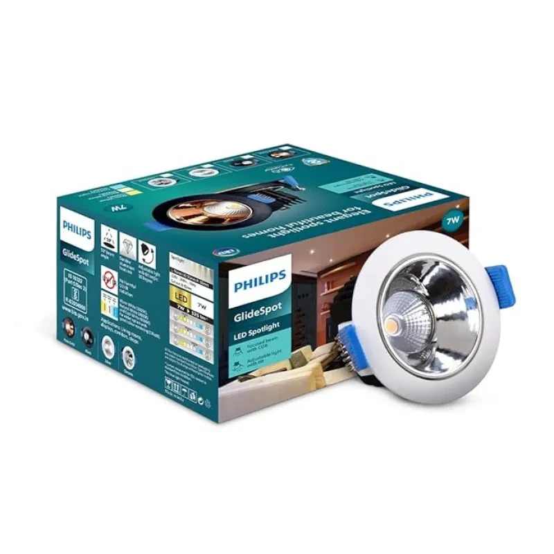 PHILIPS 7 Watt Chrome Reflector LED Ceiling COB Round Spot Light with Adjustable Tilt | Cut out: 67mm | Natural White, Pack of 1 (Glide Spot)