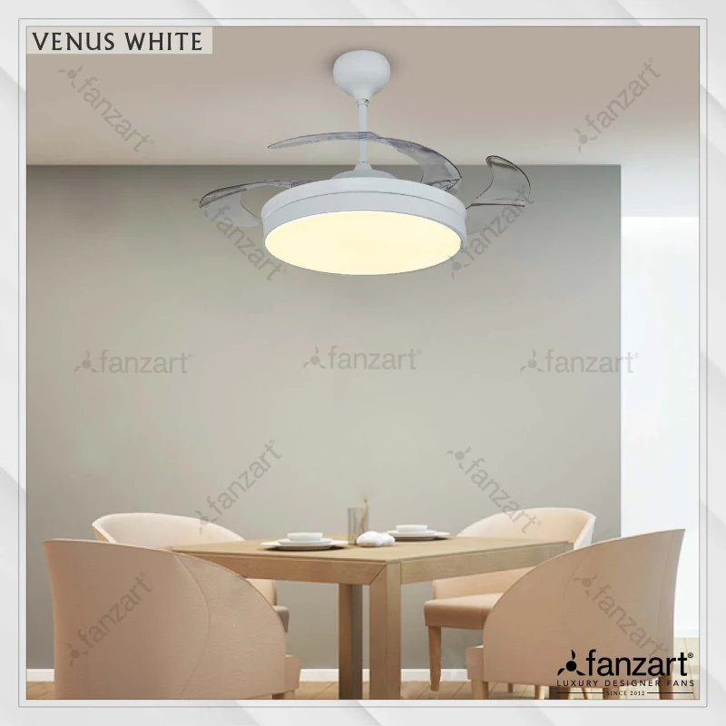 Fanzart Venus White- 42″ Modern fan with 4 x Fine Acrylic transparent Retractable blades, Multi Coloured LED and Remote Control