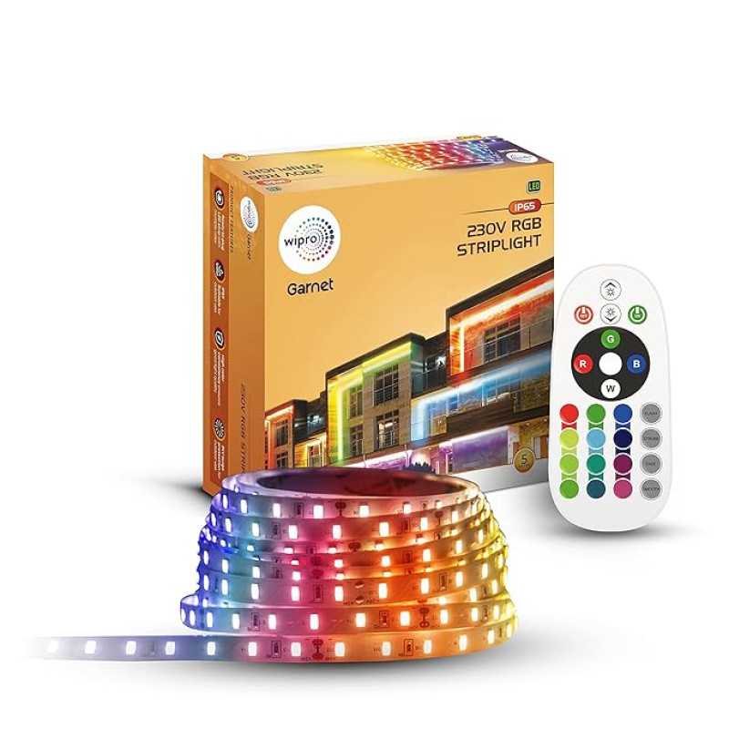 wipro 5 mtr RGB LED Strip Light | 60 LEDs/mtr | 24 Keys IR Remote Controlled RGB Color Changing Light | IP65-Waterproof | Plug & Play Rope Light for Outdoor & Indoor Decoration | Pack of 1,Multicolor