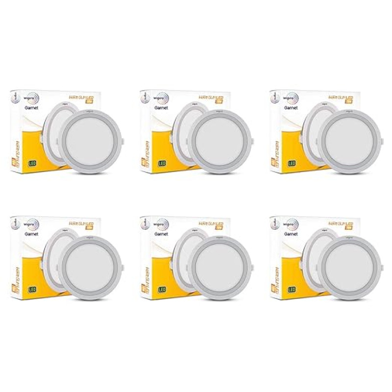 Wipro Polycarbonate Garnet 20W Round Led Wave Panel Light for Ceiling|Cool White Light (6000K)|Ultra-Slim Design|Recessed Down Light for False Ceiling|Pop Ceiling Light|Cutout - 200Mm|Pack of 6