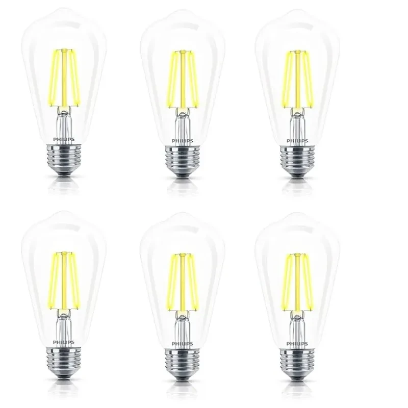 PHILIPS 4-watt E27 ST64 LED Glass Filament Bulb | Decorative LED Bulb for Home Decoration | Warm White - Golden Yellow, Pack of 6