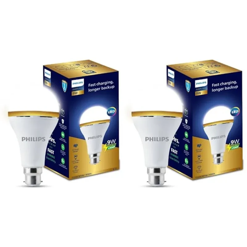 PHILIPS 9W B22 LED Emergency Bulb | 2x Fast Charging LED Bulb for Power Cuts & Longest Backup upto 5 hrs | Color: Crystal White | Pack of 2 | Gold Perform Series