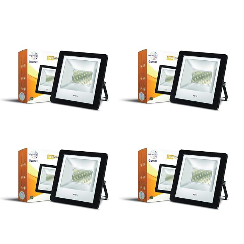 wipro Garnet 100W LED Flood Light | Cool White,6500K | IP66 Water Proof Outdoor Light | Aluminium PDC Housing |Reflector & Clear Optics | 5Kv Surge Protection | 440V High Voltage Protection|Pack of 4