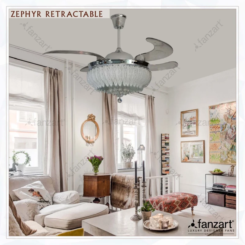 Fanzart Zephyr Retractable – 44″ Crystal Fandelier ® with 4 x ABS transaparent retractable blades, LED lights and Remote Control