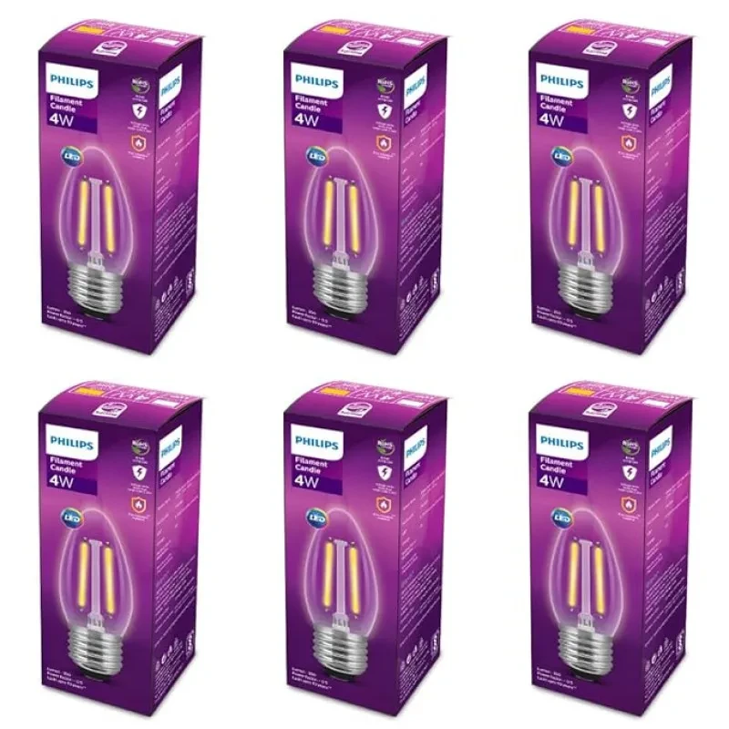 PHILIPS 4-watt Filament Candle LED Bulb | Clear Candle Bulb for Home & Decoration | Bulb Base: E27, Warm White | Pack of 6