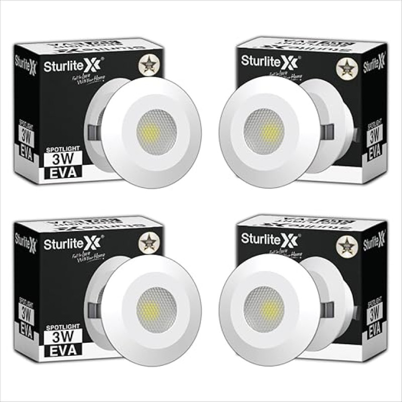 Sturlite Eva 3W LED Spotlight| 3000K Warm White Color Temperature| 36mm-Cutout & Compact Design Ceiling Ligh| CRI Tech With High Voltage Protection Downlight - Pack of 4