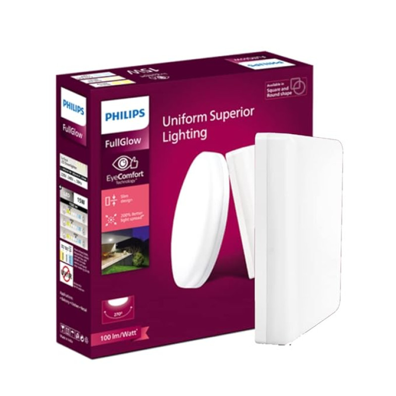 PHILIPS Rimless Full Glow 15-watt Square LED Surface Downlighter | Surface LED Downlight for Ceiling | LED Ceiling Light for Home & Hall | Natural White,Pack of 1
