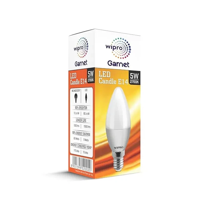 Wipro Garnet 5 W E14 Base Frosted Candle LED Bulb | Warm White (2700K) | Pack of 1 | Clear optics for sparkling effect | LED Filament Bulb for Home, office, chandellior, decorative lamp shade
