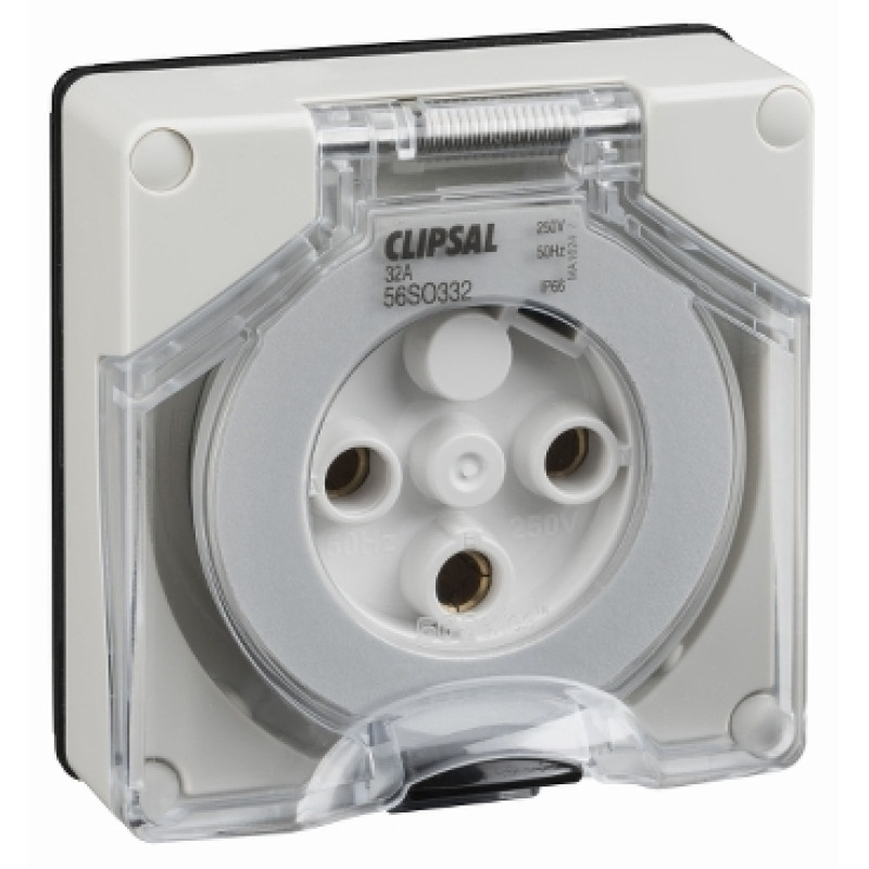 Schneider 56 Series IP 66 - 32A - 250 V - 3 Pin Round Less Enclosure Socket Outlet Surface - (56SO332LE-GY)