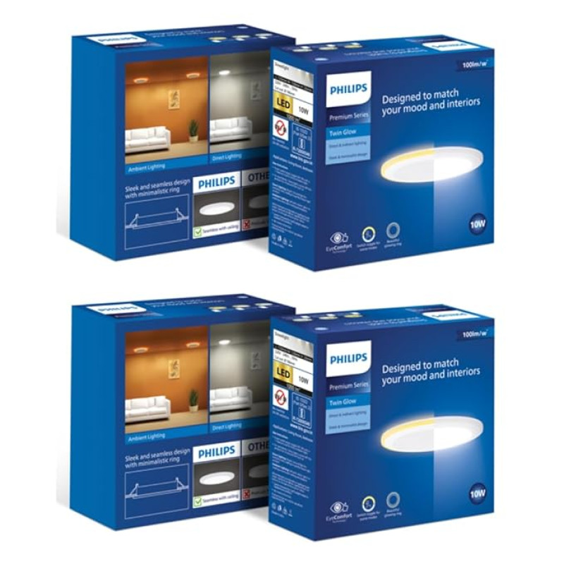 PHILIPS 10-watt Round LED Up-Down Downlighter | Twinglow 10-watt LED Downlighter for Home & Decoration | Colours : Warm White + Natural White, Pack of 2