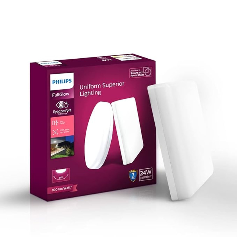 Philips Rimless Full Glow 24-watt Square LED Surface Downlighter | Surface LED Downlight for Ceiling | LED Ceiling Light for Home & Hall | Cool Daylight,Pack of 1