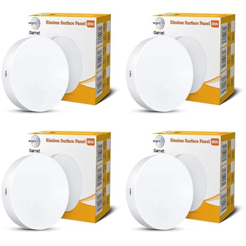 Wipro Garnet 18W Rimless Round Led Surface Panel | Cool White Light (6500K) | Elegant Rimless Design for Wider Spread of Light | Surface Mounted Led Down Light for Ceiling | Pack of 4,