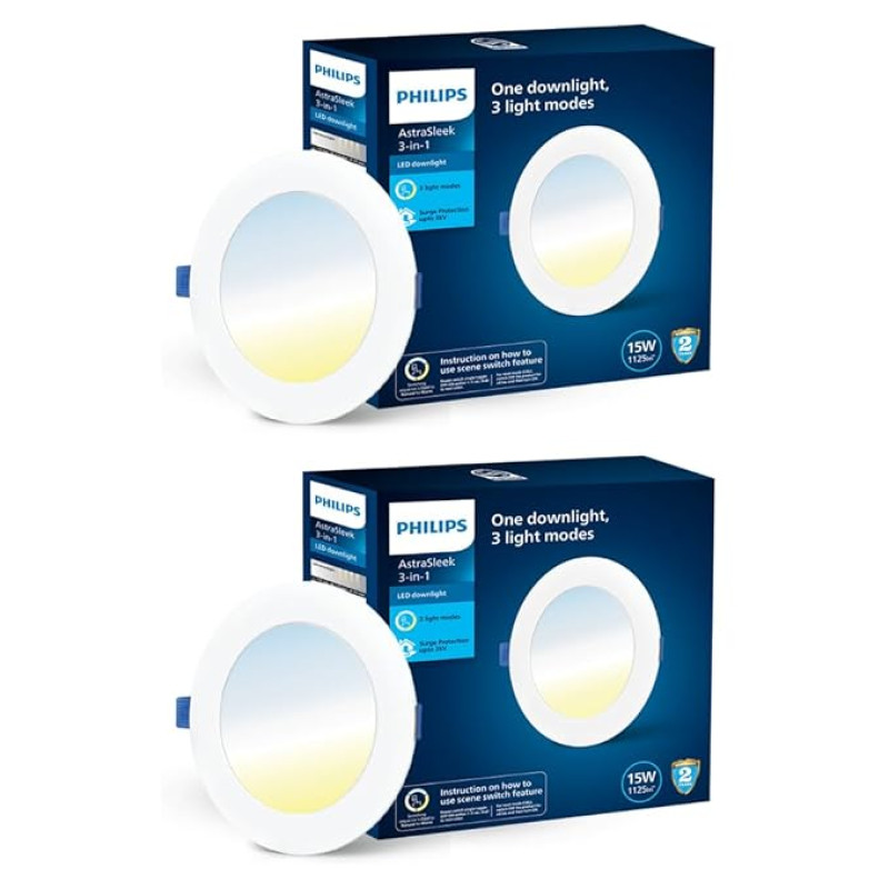 PHILIPS Astra Sleek 15-watt Round LED Downlighter | 3 Colors in 1 Recessed LED Downlight | LED Ceiling Light for Home and Hall | Cut Out: 6 inch, Color: Tunable White, Pack of 2