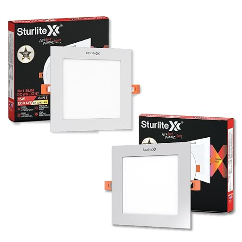 Sturlite Eco LYF 15W (3 in1) Square LED Downlight| Warm, Neutral & Cool White Color Temperature| 1200 Lumens with CRI Tech for Various Ceiling Types and Rooms - (Pack of 2)