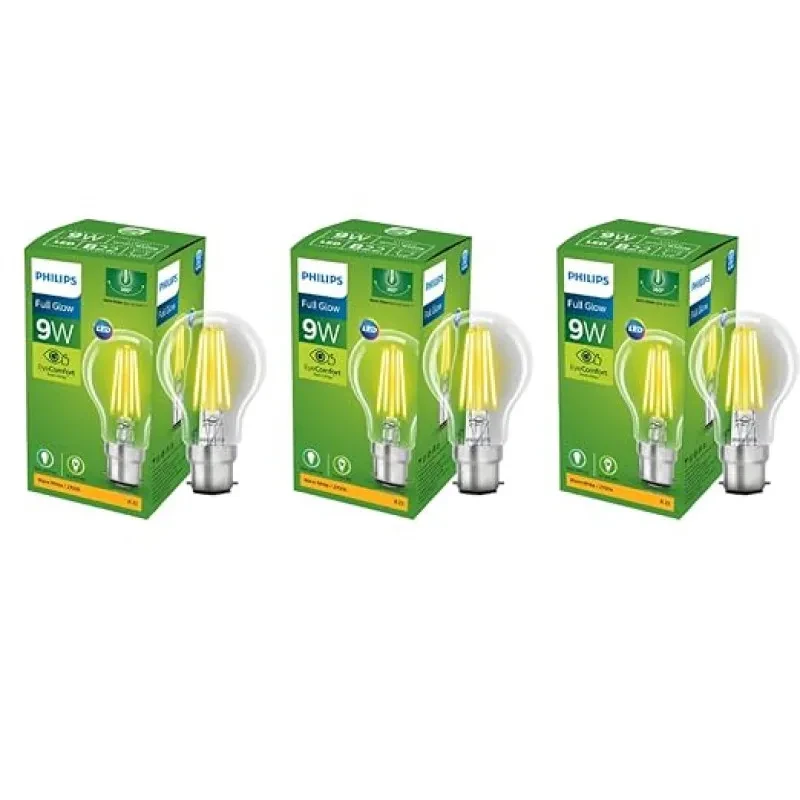 PHILIPS Full Glow 9-watt B22 Clear LED Bulb | Warm White, Pack of 3: