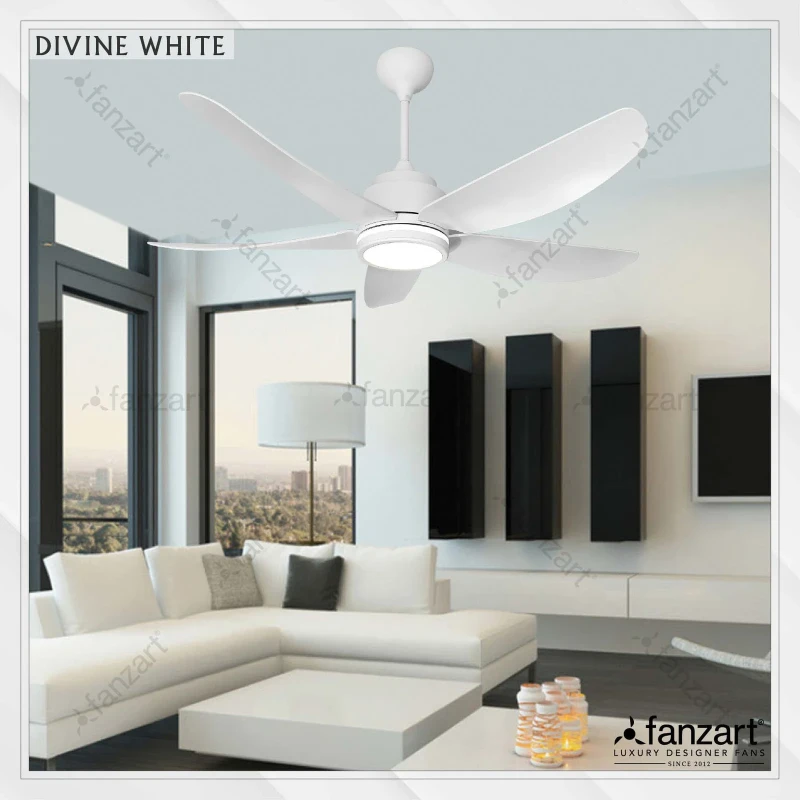 Fanzart Divine – 52” Modern fan with 5 x fine White finish Blades BLDC motor, Summer-Winter feature, Multi-Coloured LED & Dimmer
