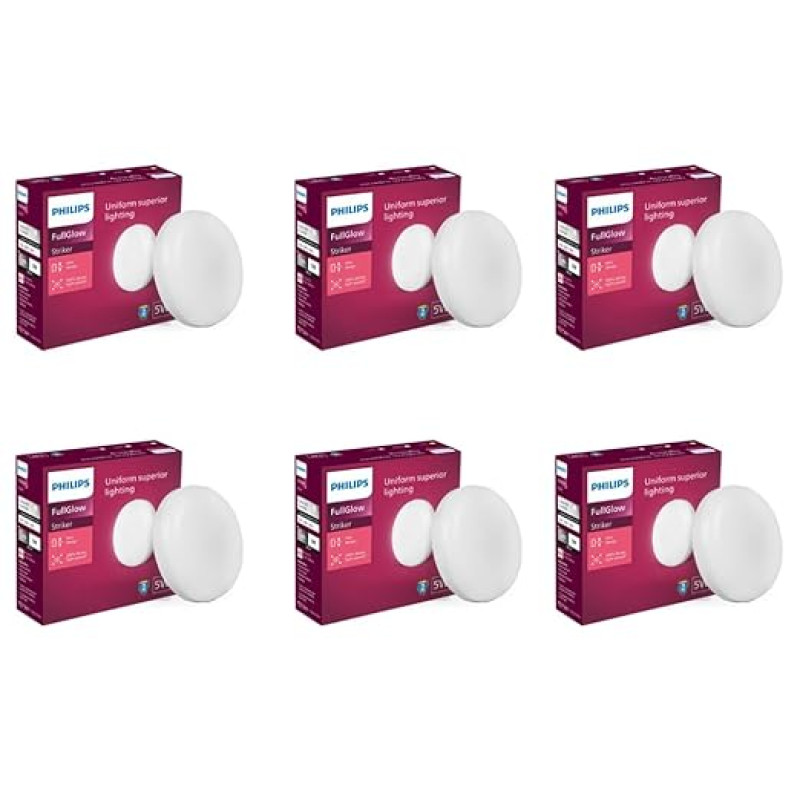 PHILIPS Rimless Full Glow 5-watt Round LED Surface Downlighter | Striker Surface Under Cabinet LED Light for Decoration | Cool Day Light, Pack of 6
