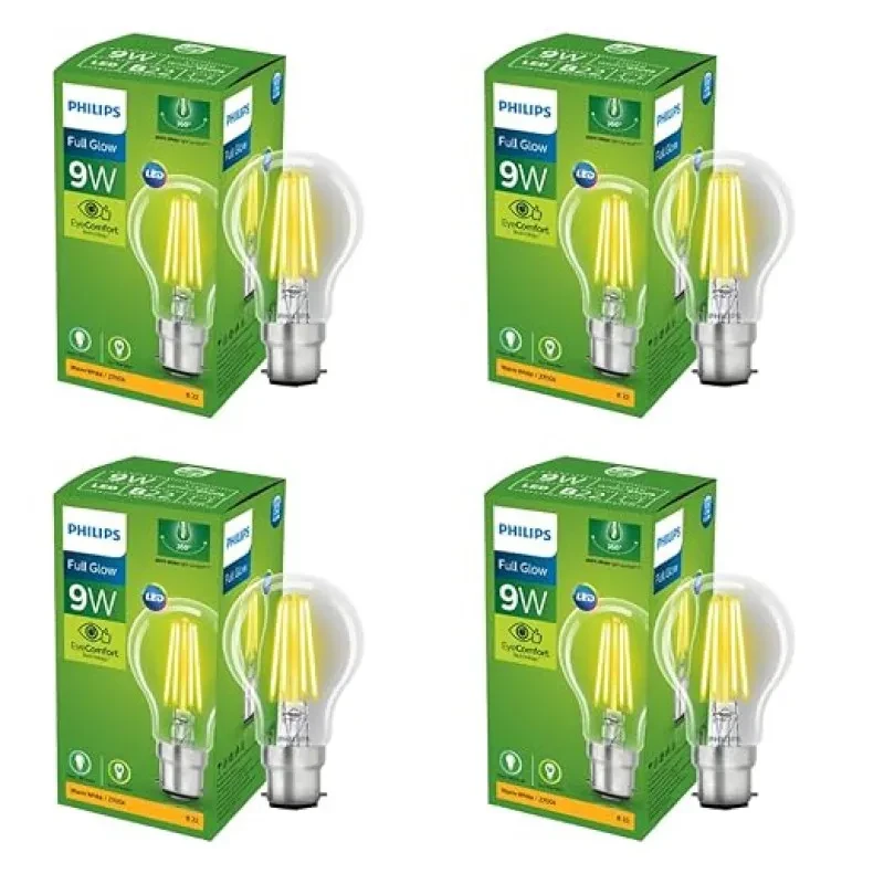 PHILIPS Full Glow 9-watt B22 Clear LED Bulb | Warm White, Pack of 4