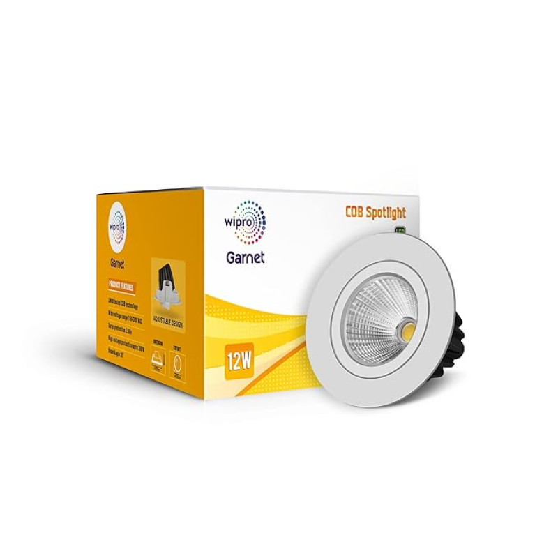 wipro Garnet 12W LED COB Spotlight | Cool White Light (6500K) | Adjustable Design | Aluminium Housing for Efficient Performance | Recessed Tiltable Down Light for False Ceiling | Pack of 1