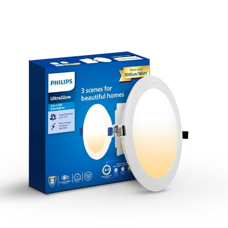Philips Ultra Glow 15-watt Round LED Downlighter | 3 Colors in 1 Recessed LED Downlight | LED Ceiling Light for Home and Hall | Cut Out: 6 inch, Color: Tunable White, Pack of 1