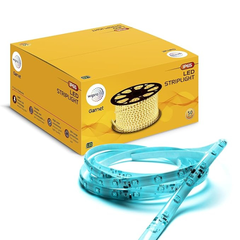 Wipro Garnet 50 mtr LED Strip Light| 60 LEDs/mtr | Ice Blue | IP65-Waterproof | Flexible Rope Light for Outdoor & Indoor Decoration for Diwali, Christmas|Strip for Balcony, False Ceiling|Pack of 1