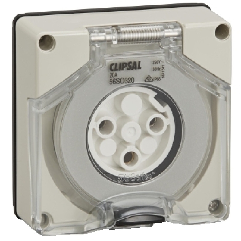 Schneider 56 Series IP 66 - 20A - 250 V - 3 Pin Round Less Enclosure Socket Outlet Surface - (56SO320LE-GY)
