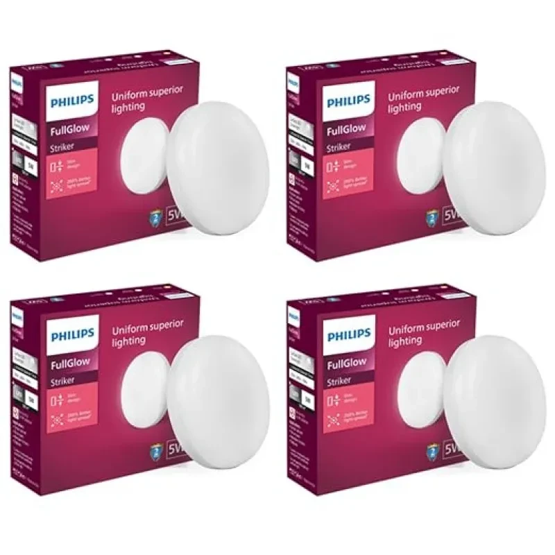 PHILIPS Rimless Full Glow 5-watt Round LED Surface Downlighter | Striker Surface Under Cabinet LED Light for Decoration | Cool Day Light, Pack of 4