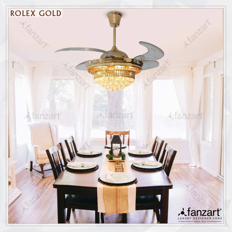 Fanzart Rolex Gold – 44” Retractable blade Fandelier ® with 4 x fine ABS blades, LED lights and Remote Control