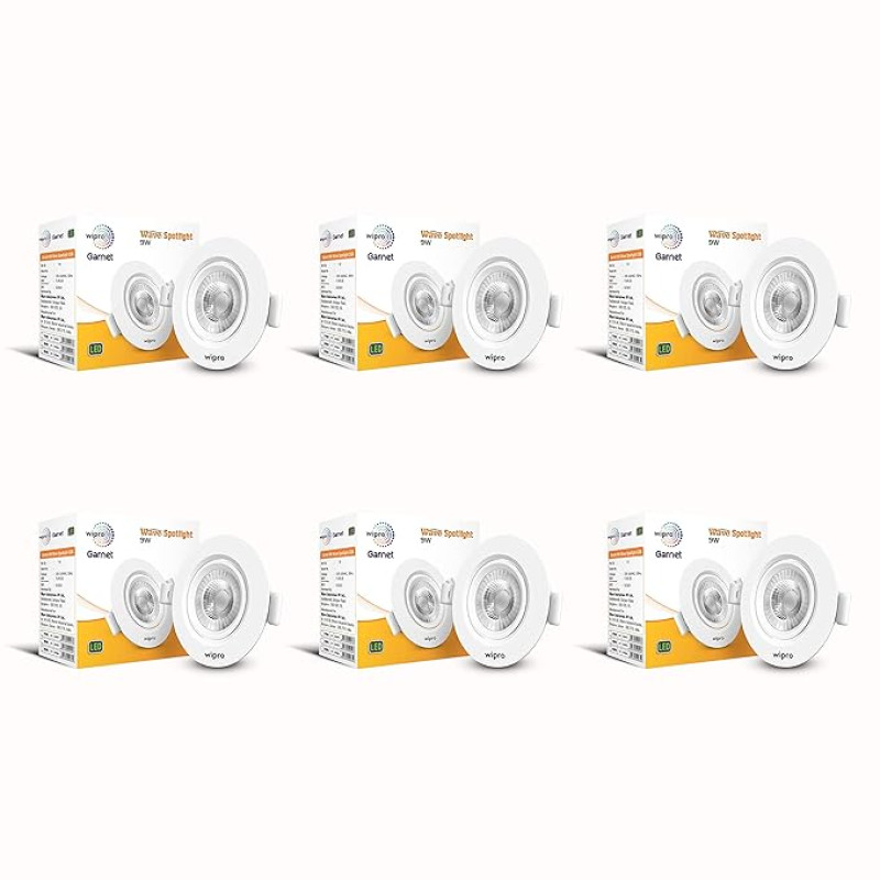 Wipro Garnet 9W Round LED Wave Spotlight |COB Spotlight for Ceiling|Neutral White Light (4000K) | Adjustable Design | Recessed Tiltable Downlighter for False Ceiling | Cutout - 100 mm | Pack of 6