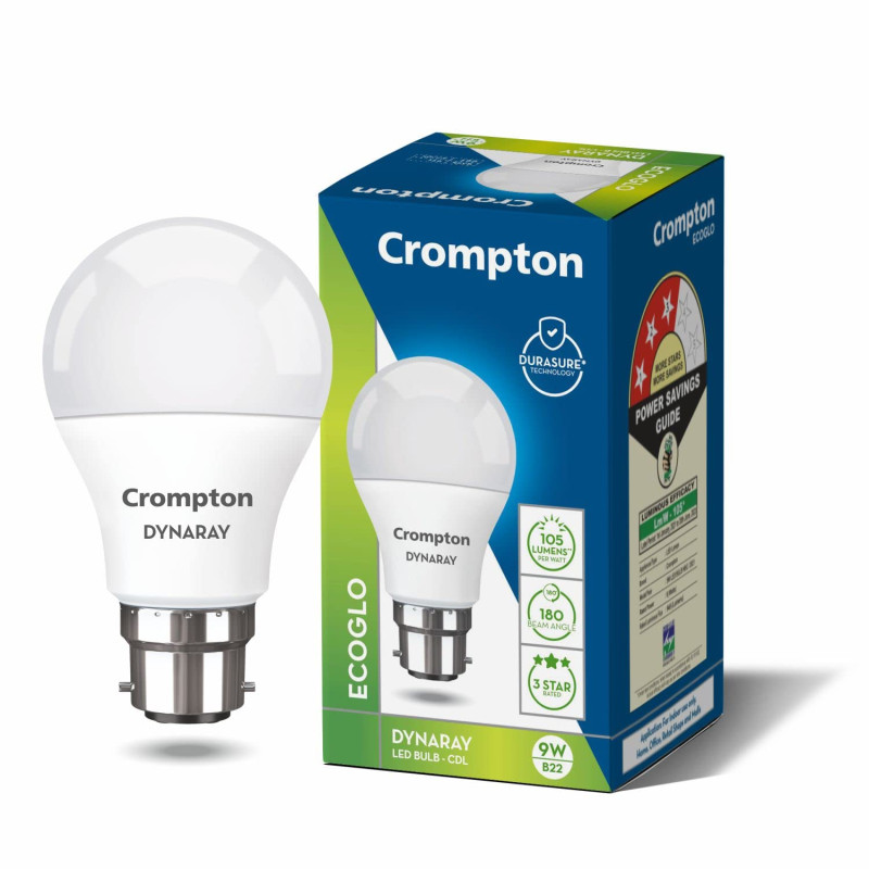 Crompton Dyna Ray 9W Round B22 LED Cool Day Light Pack of 2