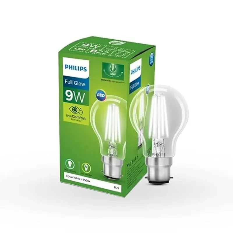 PHILIPS 9-watt Full Glow Glass LED Bulb | Energy Saver Filament LED Lamp | B22 Base LED Bulb | Crystal White, Pack of 1