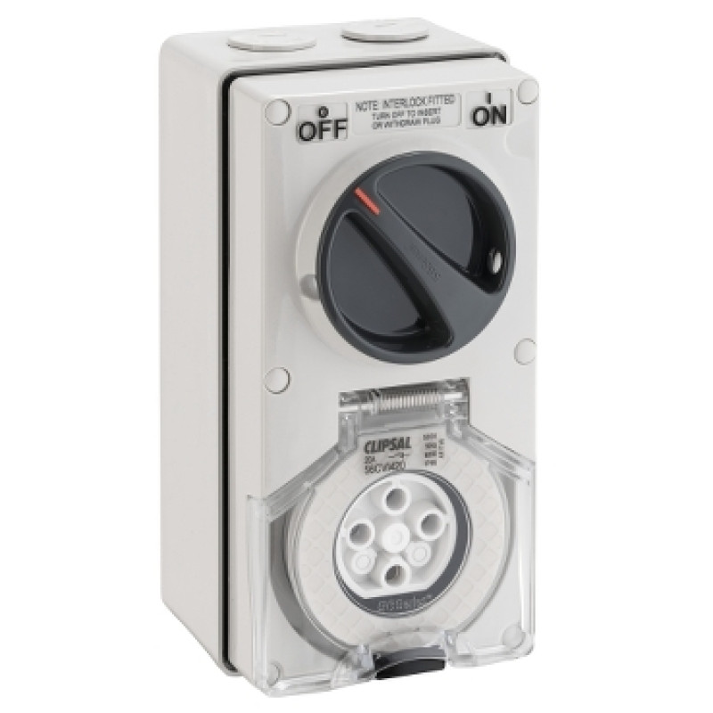 Schneider 56 Series IP66 - 500V 20A - 5 Round Pin Socket Switched Interlocked - (56CVI520-GY)