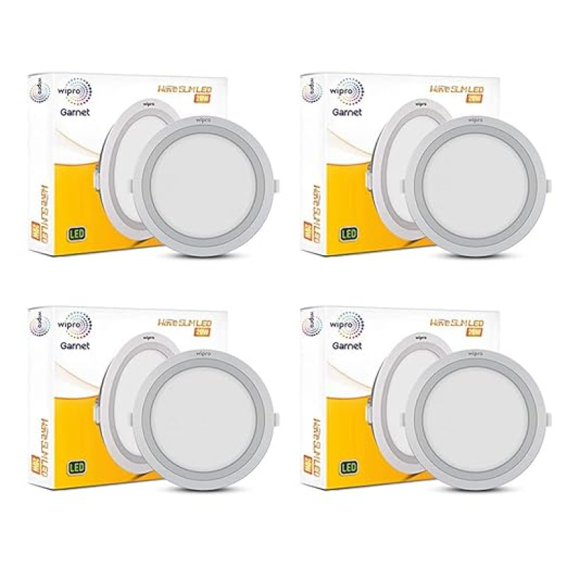 Wipro Polycarbonate Garnet 20W Round Led Wave Panel Light for Ceiling|Cool White Light (6000K)|Ultra-Slim Design|Recessed Down Light for False Ceiling|Pop Ceiling Light|Cutout-200Mm|Pack of 4