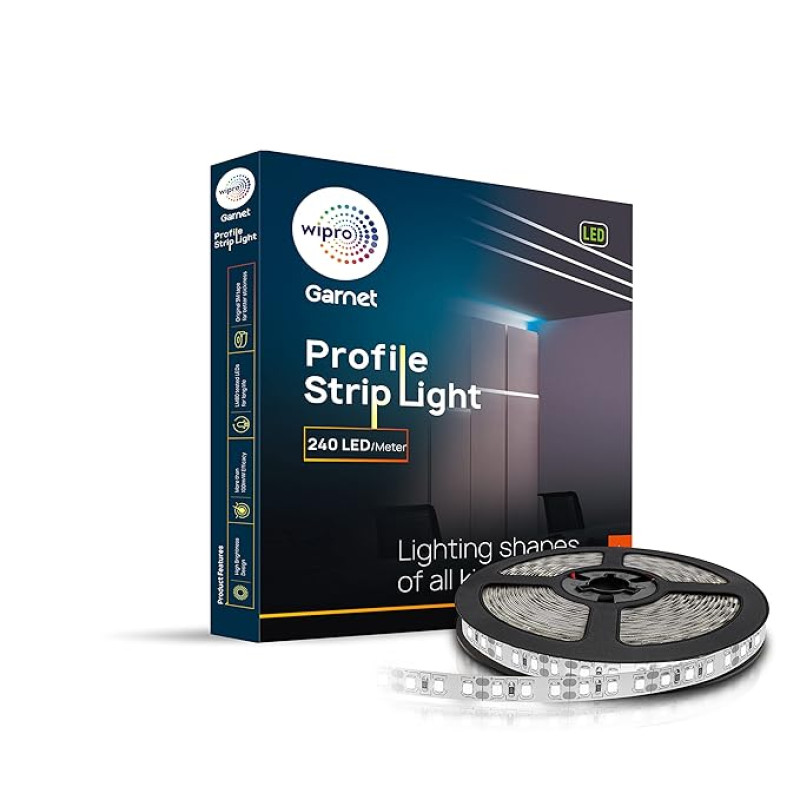 wipro Garnet 80W Led Profile Strip for Home Decoration|Neutral White,4000K|240 LEDs/Mtr|5 Meter Led Profile Strip Light for Ceiling,Wall Decoration|Pack of 1(Driver Required Separately)|Plastic