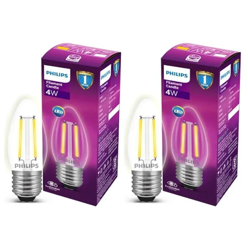 PHILIPS 4-watt Filament Candle LED Bulb | Clear Candle Bulb for Home & Decoration | Bulb Base: E27, Cool White | Pack of 2