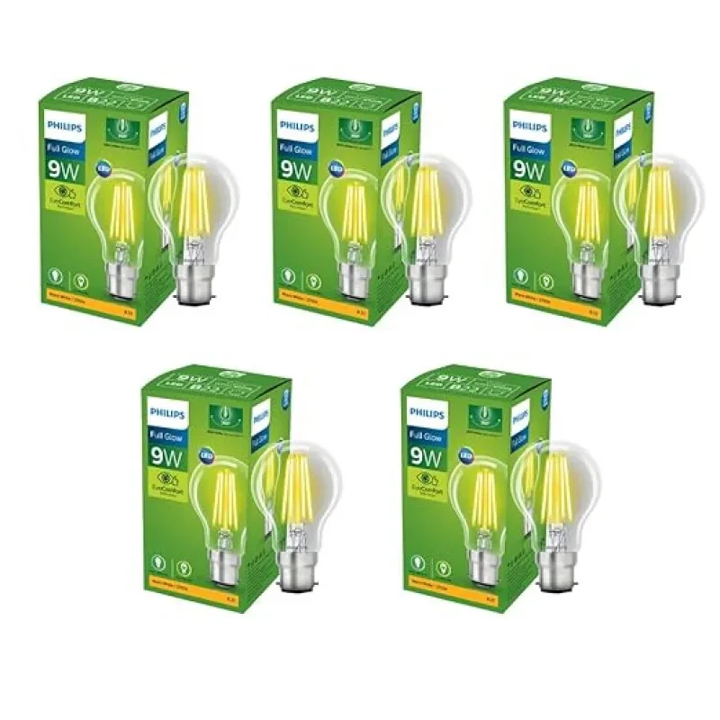 PHILIPS Full Glow 9-watt B22 Clear LED Bulb | Warm White, Pack of 5