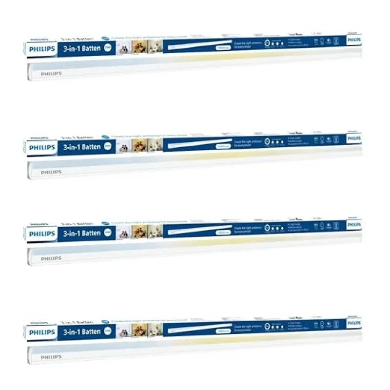 PHILIPS Compact 4ft 20-watt LED Tubelight | 3 Colors in 1 LED Batten | Scene Switch Tubelight for Home & Decoration | Color: Tunable White, Pack of 4