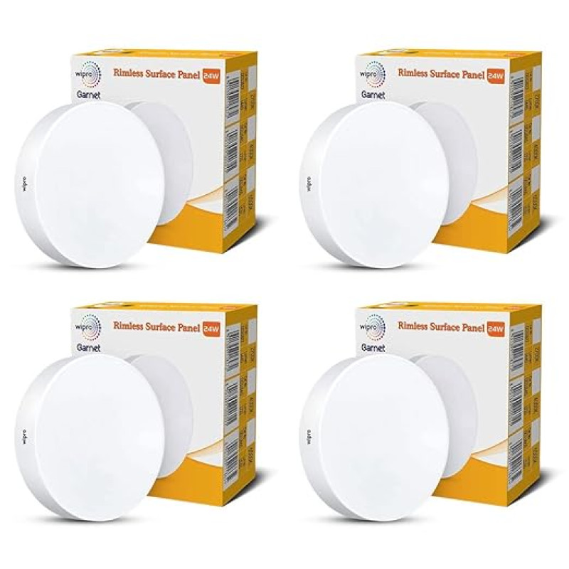 Wipro Garnet 24W Rimless Round Led Surface Panel | Cool White Light (6500K) | Elegant Rimless Design for Wider Spread of Light | Surface Mounted Led Down Light for Ceiling | Pack of 4