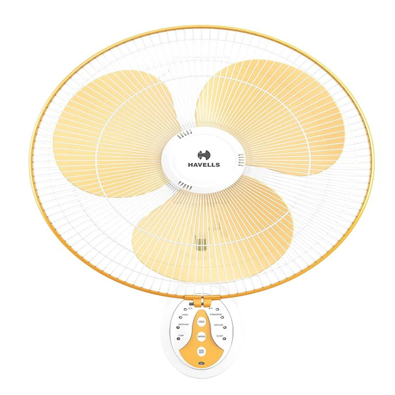 Havells Platina 400mm Energy Saving with Remote Control BLDC Wall Fan (White Yellow, Pack of 1)
