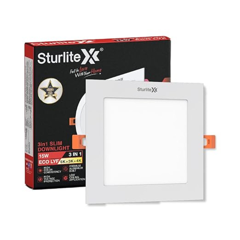 Sturlite Eco LYF 15W (3 in1) Square LED Downlight| Warm, Neutral & Cool White Color Temperature| 1200 Lumens with CRI Tech for Various Ceiling Types and Rooms - (Pack of 1)
