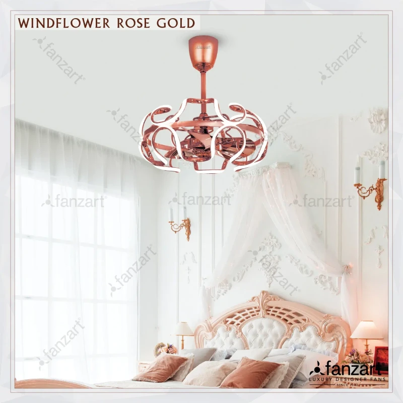 Fanzart Windflower Rose Gold – 26” Fandelier ® with 3 x 22″ 5D vortex blades, BLDC motor, Summer-Winter feature, Multi-Coloured LED & Dimmer