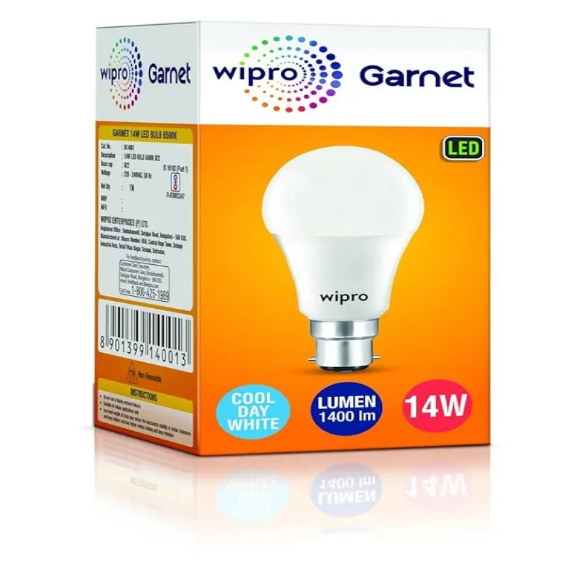 wipro Garnet 14W LED Bulb for Home & Office |Cool Day White (6500K) | B22 Base|220 degree Light coverage |4Kv Surge Protection |400V High Voltage Protection |Energy Efficient | Pack of 1