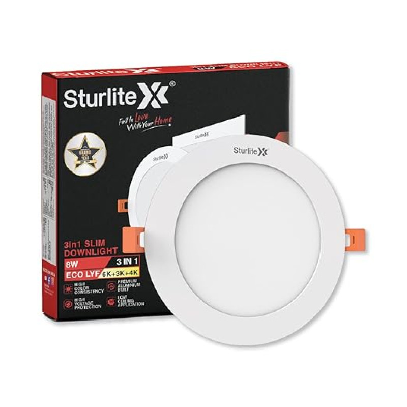 Sturlite Eco LYF 8W (3 in1) Round LED Downlight| Warm, Neutral & Cool White Color Temperature| 640 Lumens with CRI Tech for Various Ceiling Types and Rooms - (Pack of 1)