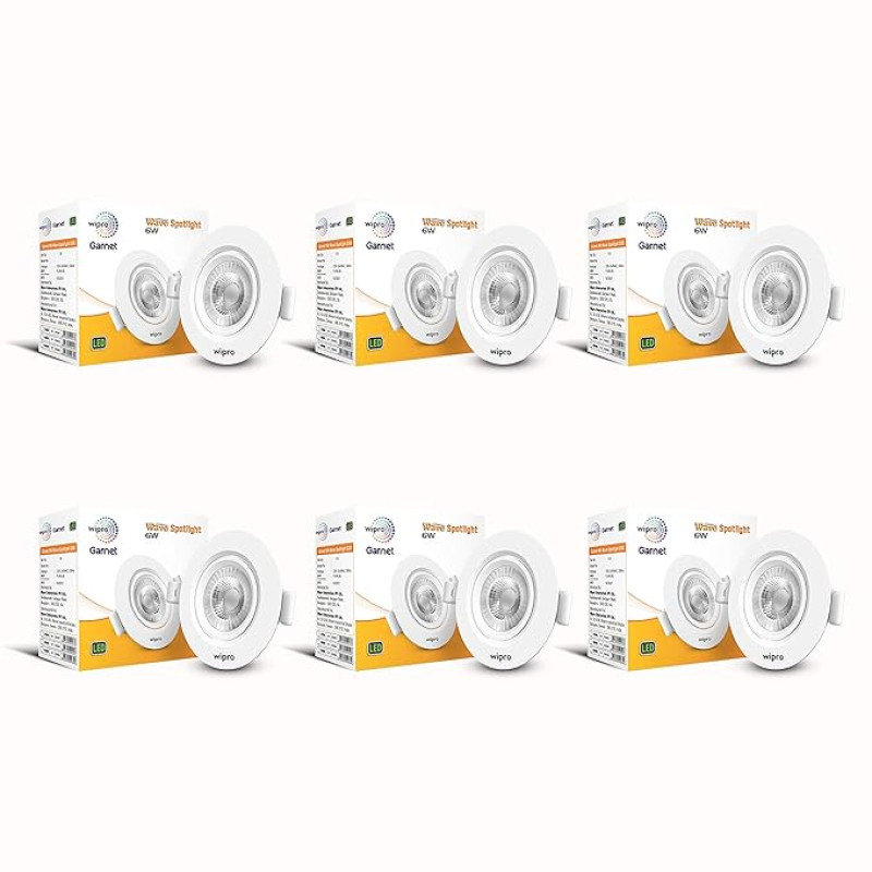 Wipro Garnet 6W Round Led Wave Spotlight|Cob Spotlight for Ceiling|Warm White Light (2700K)|Adjustable Design|Recessed Tiltable Downlighter for False Ceiling|Cutout - 75 Mm|Pack of 6