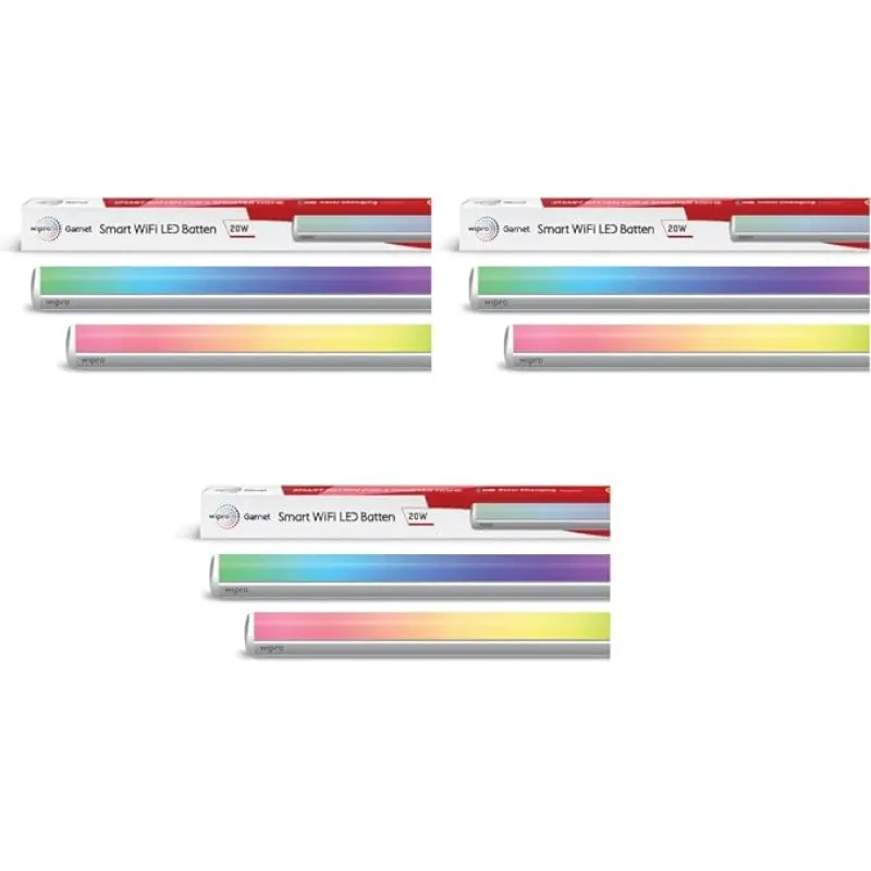 wipro Next Smart Wi-Fi 20W CCT+RGB LED Batten | 16 Million Colours | White Tunable | Dimmable |Scheduling |Scene Creation |Smart Grouping of Lights |Amazon Alexa & Google Asst. Compatible |Pack of 3