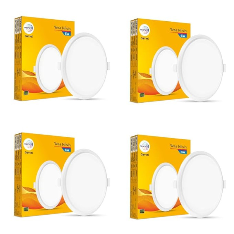 wipro Garnet 6W Round LED Wave Infinity Panel |Cool White Light (6500K)|Rimless Panel with Ultra-Slim Design | Recessed Down Light for False Ceiling |POP Ceiling Light|Cutout - 100 mm |Pack of 4
