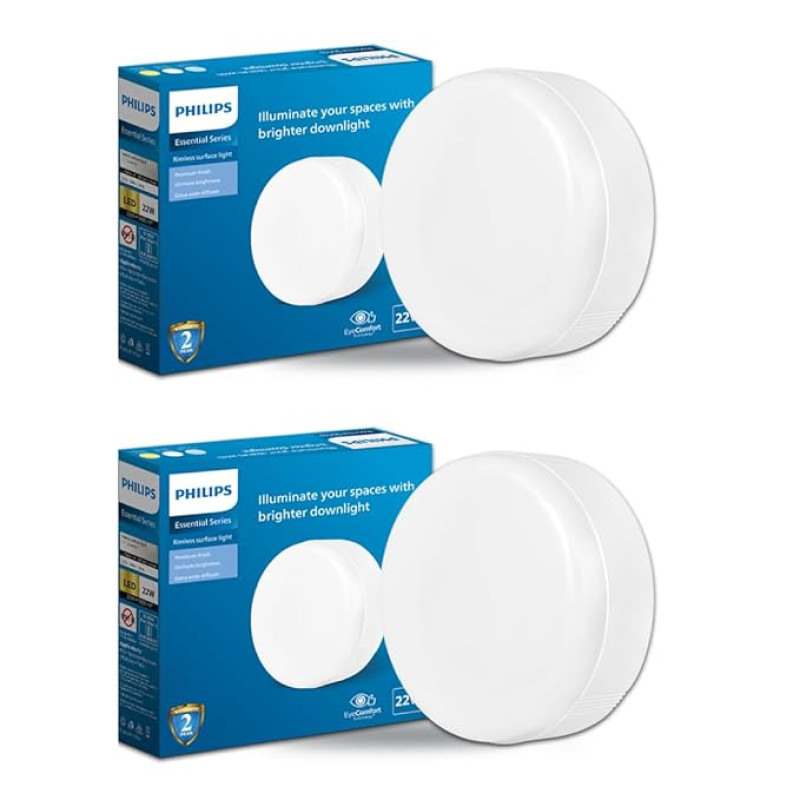 PHILIPS Rimless Full Glow 22-watt Round LED Surface Downlighter | Surface LED Downlight for Ceiling | LED Ceiling Light for Home & Hall | Warm White | Pack of 2