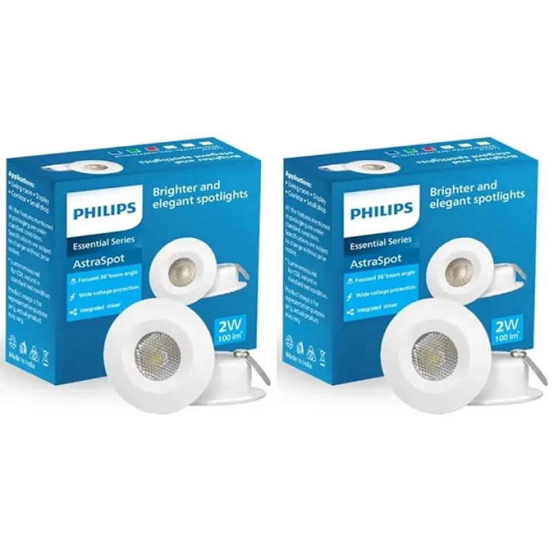 Philips Astra Spot 2-watt LED Spotlight || LED Spotlight for Display || Cutout:35mm || Warm White, Pack of 2