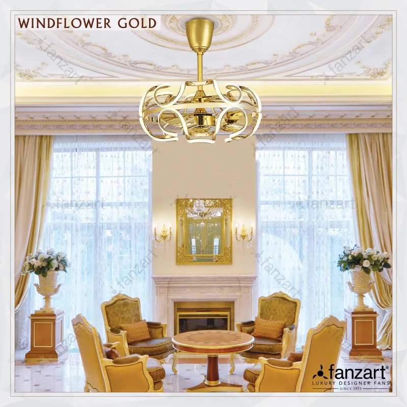 Fanzart Windflower Gold – 26” Fandelier ® with 3 x 22″ 5D vortex blades, BLDC motor, Summer-Winter feature, Multi-Coloured LED & Dimmer